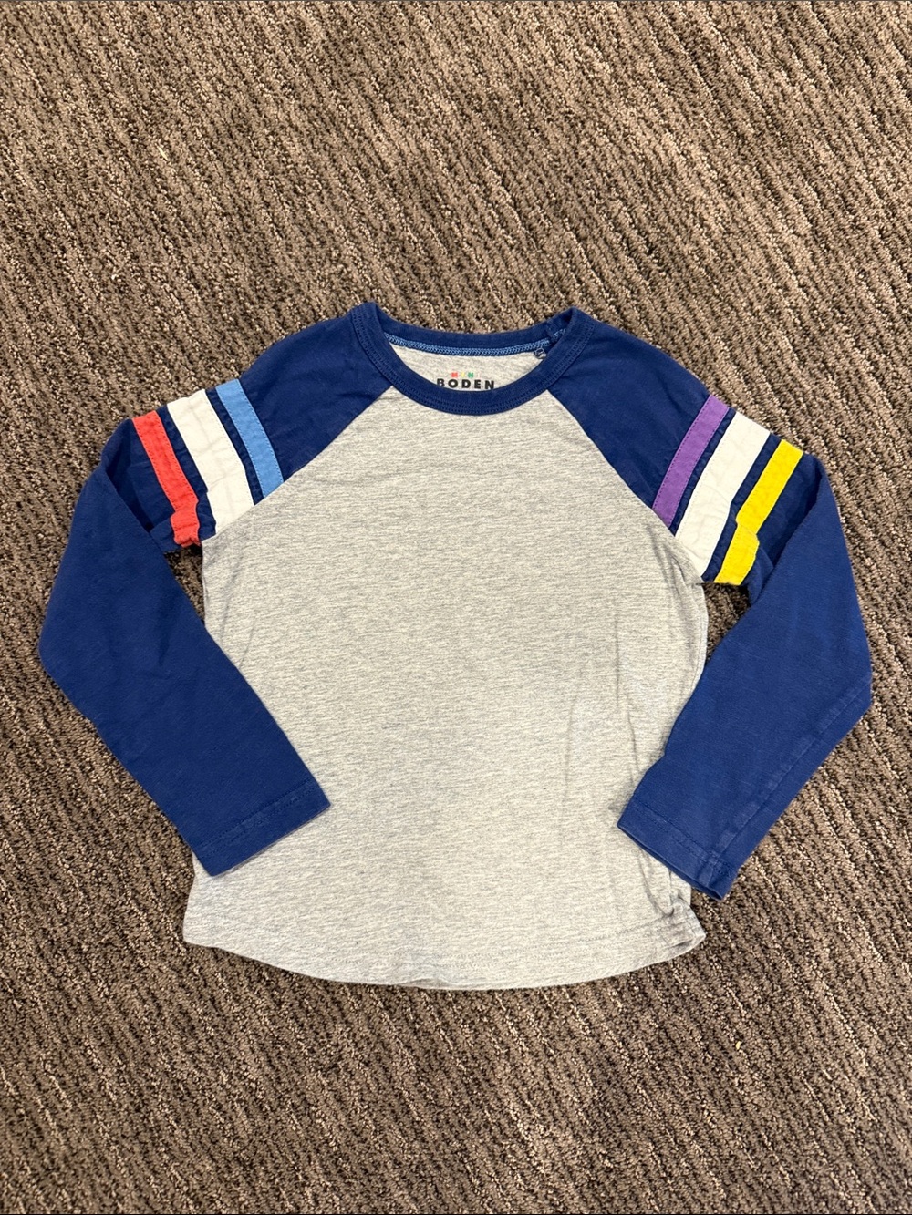 Mini Boden Grey Tee with Blue Raglan Sleeves and Multicolor Stripe Accents